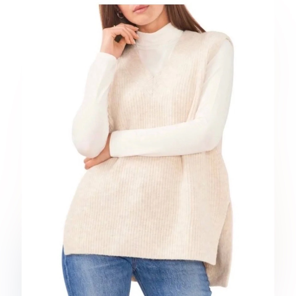 Vince Camuto Women V-Neck Sweater Vest, Beige, Large
